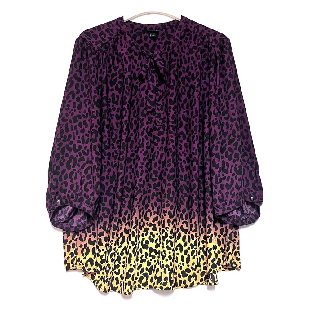 Torrid Ombre Georgette Bow Tie Blouse Top Plus Size 2 3X Leopard Colorful Boho